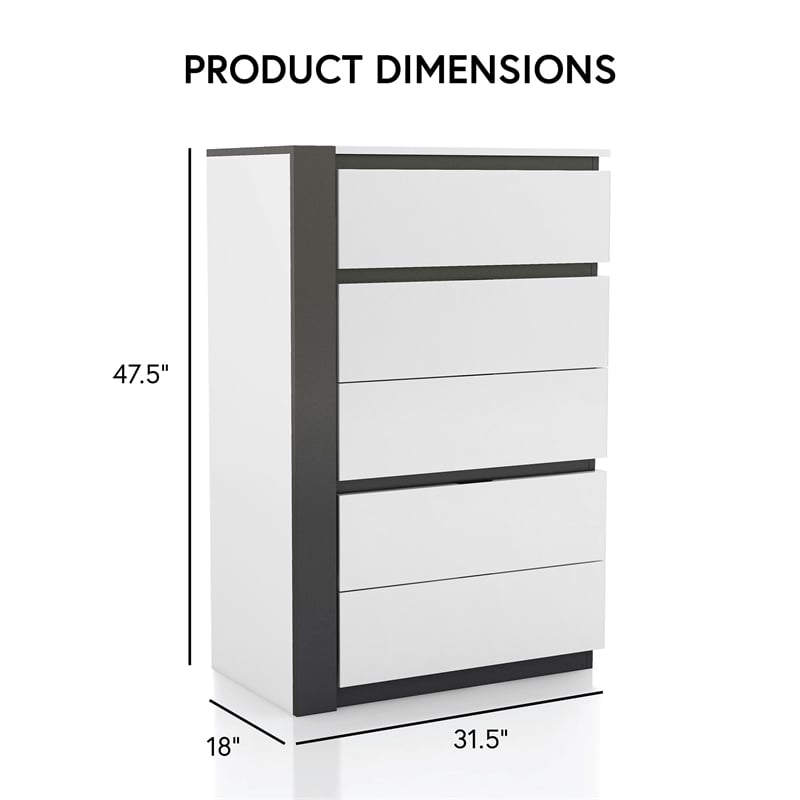 Bowery Hill Contemporary 5-Drawer Solid Wood Chest in White with Metallic Gray