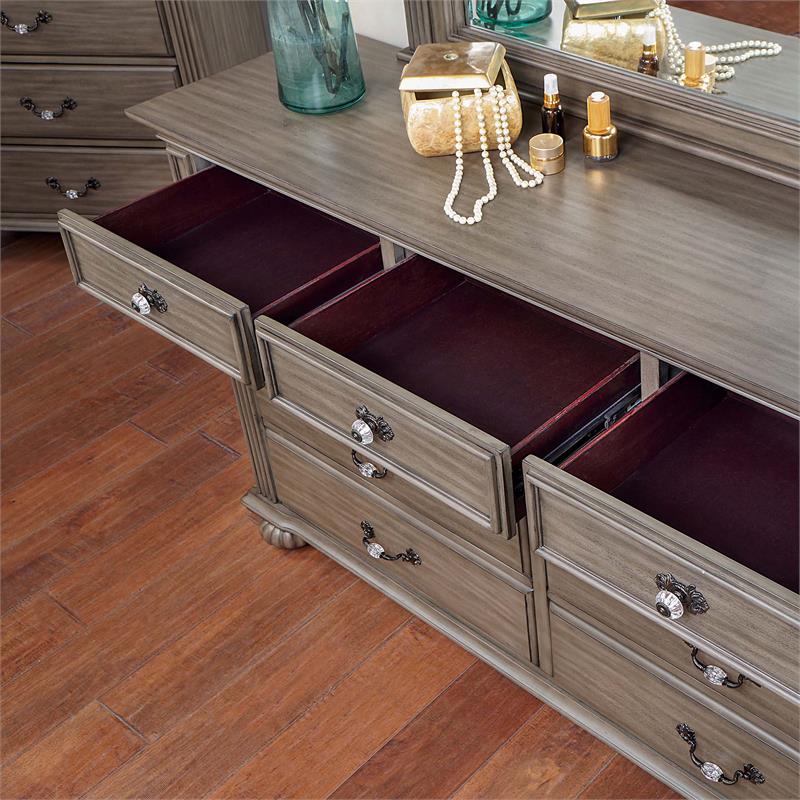 Bowery Hill Solid Wood 9-Drawer Dresser in Gray with Decorative Carvings