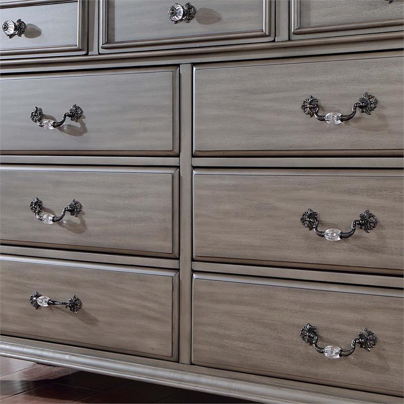 Bowery Hill Solid Wood 9-Drawer Dresser in Gray with Decorative Carvings