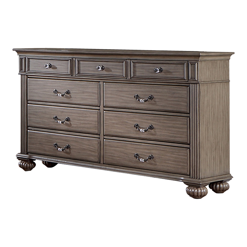 Bowery Hill Solid Wood 9-Drawer Dresser in Gray with Decorative Carvings