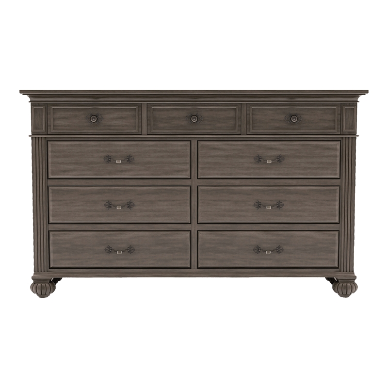 Bowery Hill Solid Wood 9-Drawer Dresser in Gray with Decorative Carvings
