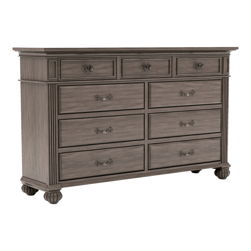 Bowery Hill Solid Wood 9-Drawer Dresser in Gray with Decorative Carvings