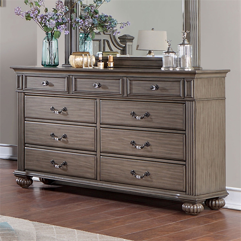 Bowery Hill Solid Wood 9-Drawer Dresser in Gray with Decorative Carvings