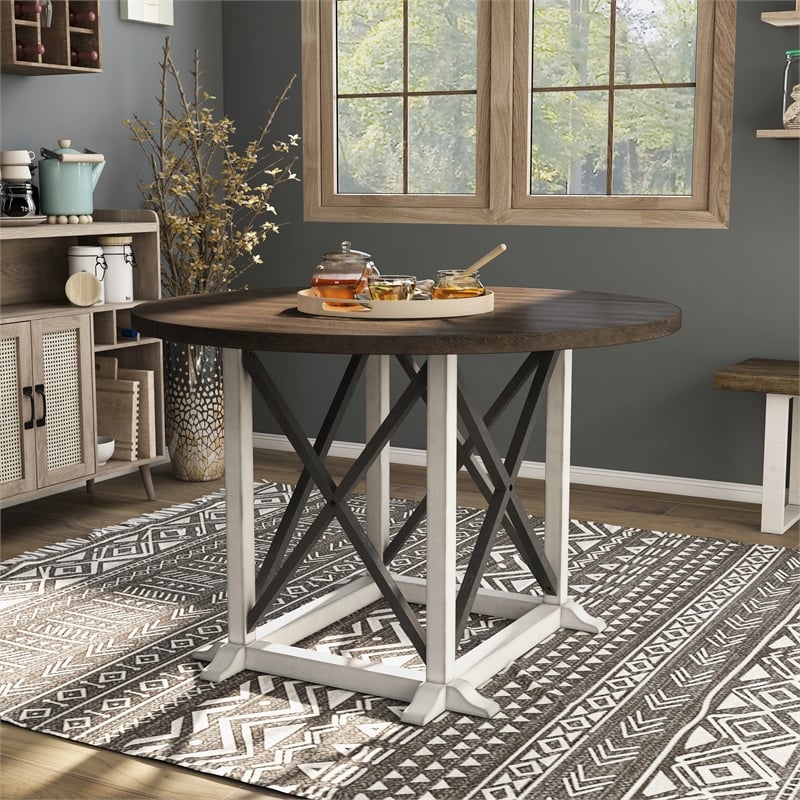 Bowery Hill Rustic Wood Round Dining Table in Antique White Finish