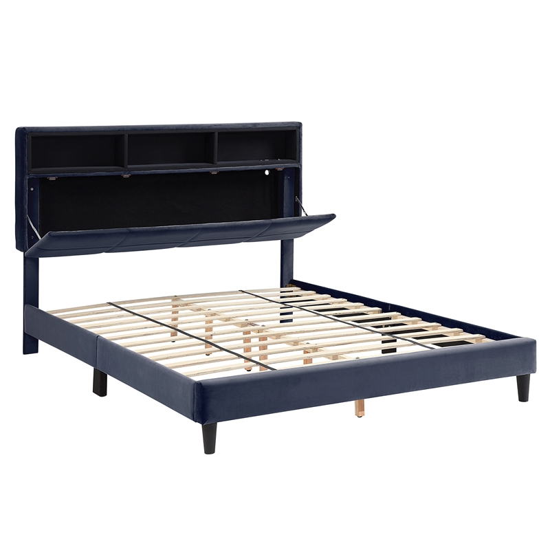 Bowery Hill Upholstered Gray Storage Queen Bed Frame with USB Port