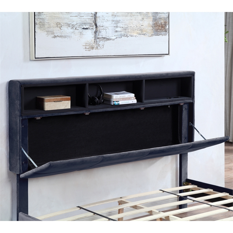 Bowery Hill Upholstered Gray Storage Queen Bed Frame with USB Port