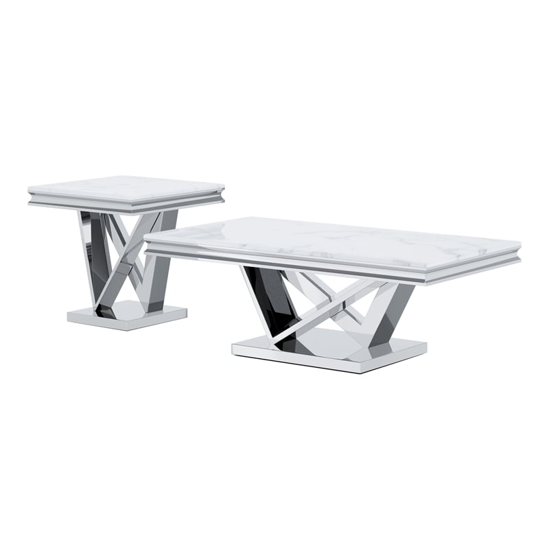 Bowery Hill Glam Metal 2-Piece Coffee Table Set with Chrome Finish