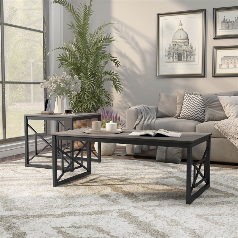 Bowery Hill Metal 2-Piece Coffee Table Set in Gray with Black Base