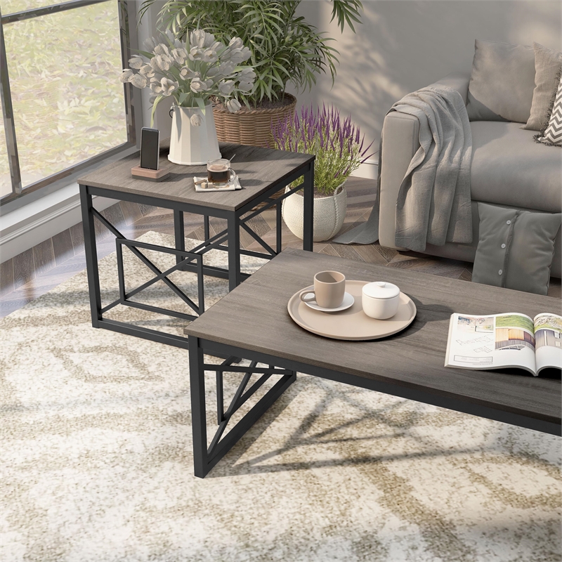 Bowery Hill Metal 2-Piece Coffee Table Set in Gray with Black Base