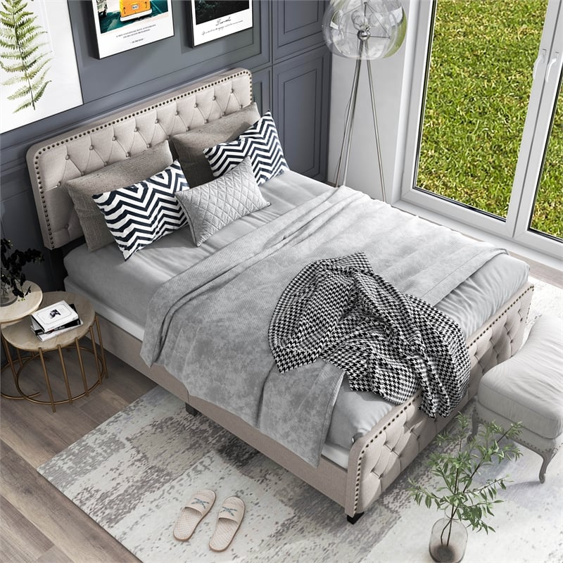 Bowery Hill Beige King Upholstered Wood Bed with Button Tufted Design