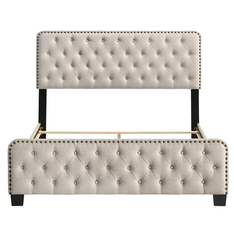Bowery Hill Beige King Upholstered Wood Bed with Button Tufted Design