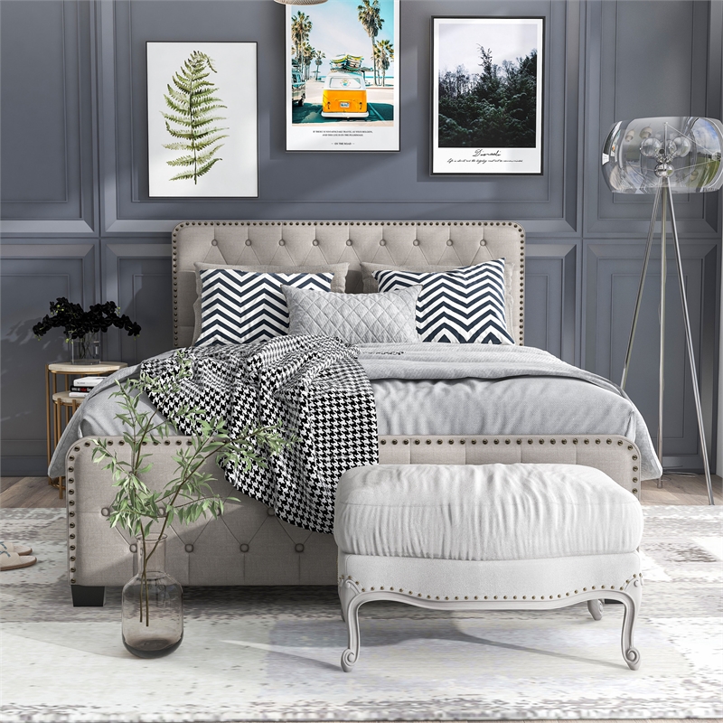 Bowery Hill Beige Queen Upholstered Wood Bed with Button Tufted Design