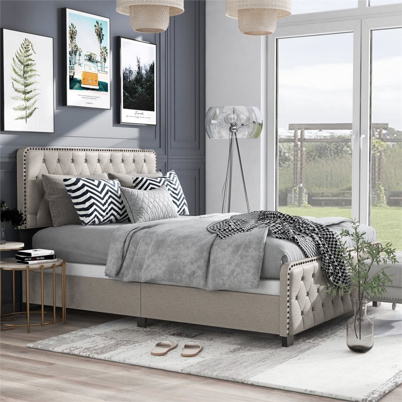 Bowery Hill Beige Queen Upholstered Wood Bed with Button Tufted Design