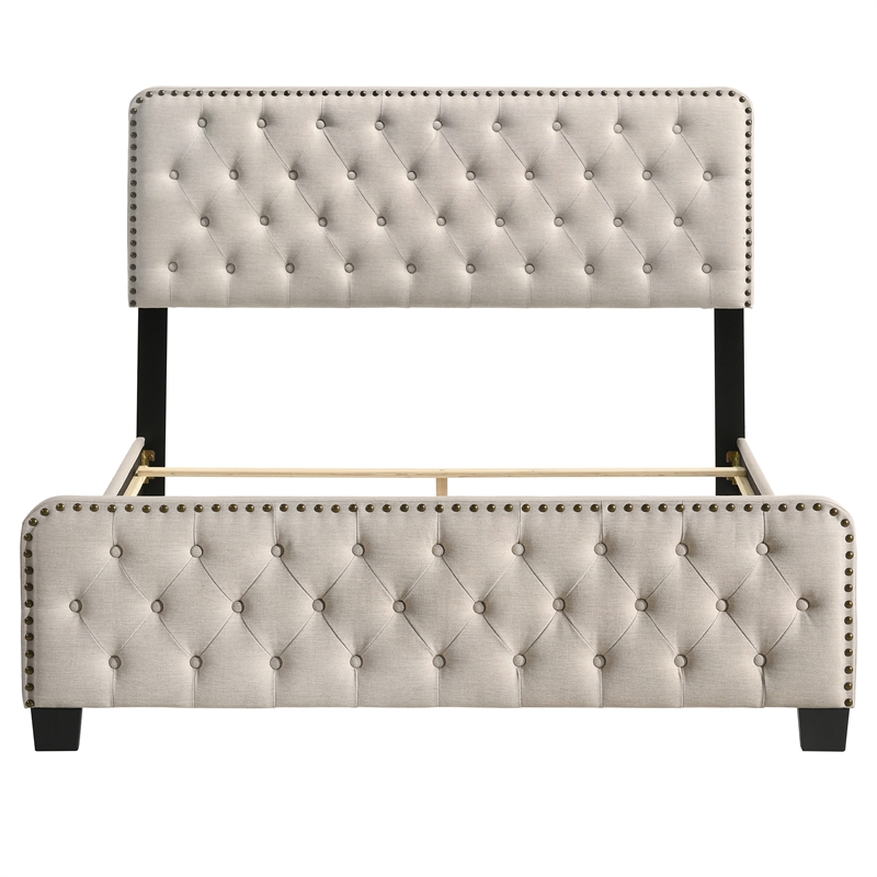 Bowery Hill Beige Queen Upholstered Wood Bed with Button Tufted Design