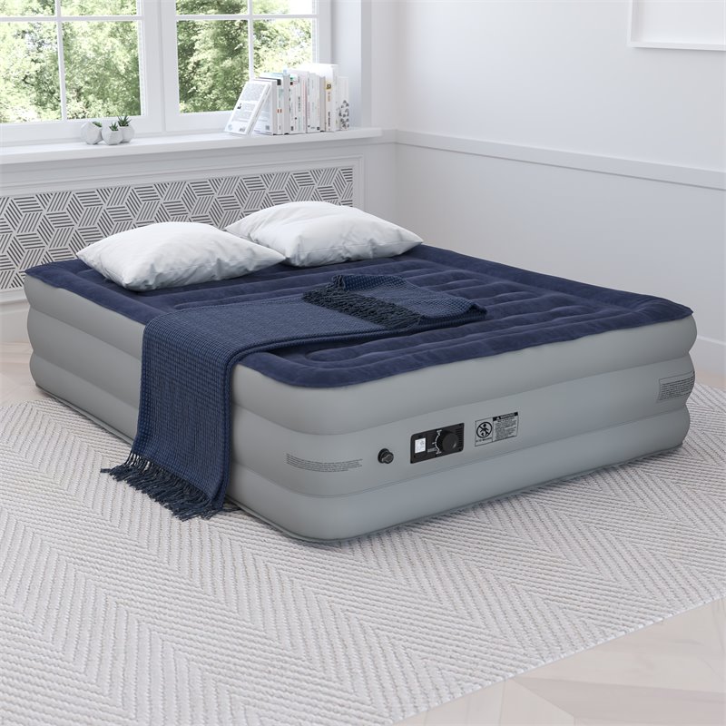 Bowery Hill PVC Queen Air Mattress with Flocked Top in Blue and Gray