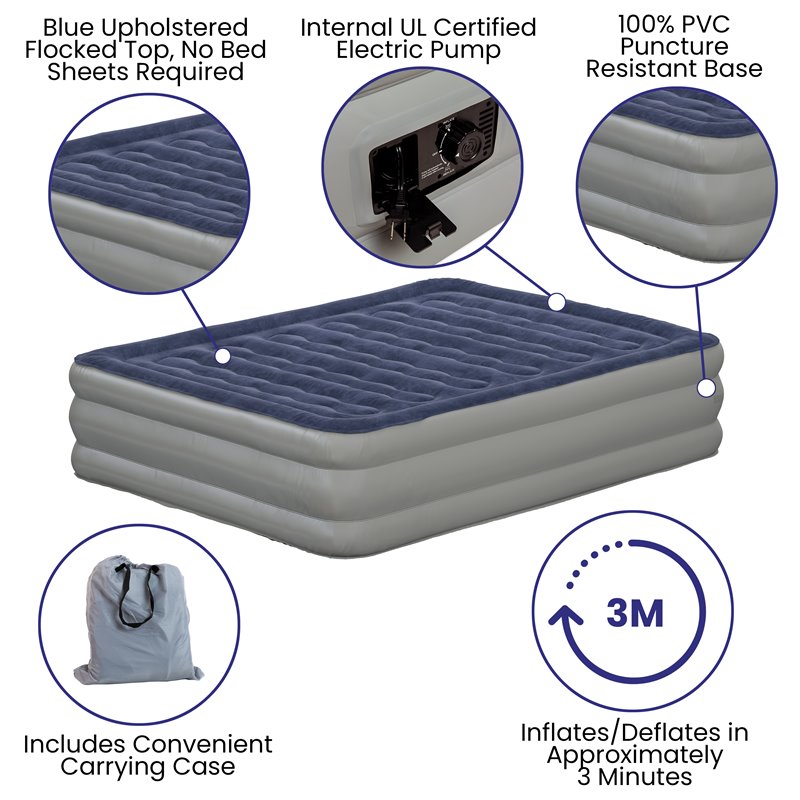 Bowery Hill PVC Queen Air Mattress with Flocked Top in Blue and Gray