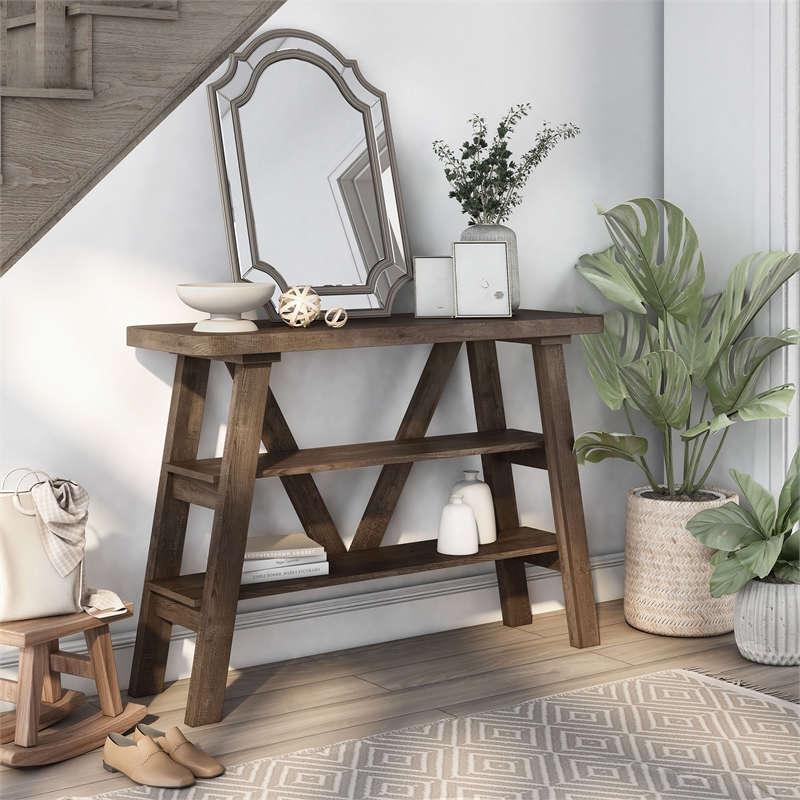 Bowery Hill Wood 2-Shelf Console Table in Reclaimed Oak Finish
