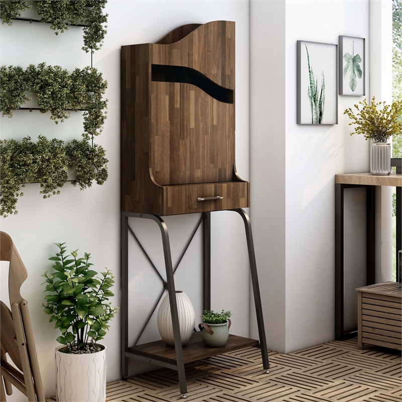 Bowery Hill Wood 2-Shelf Mini Bar in Light Hickory Brown with Drawer
