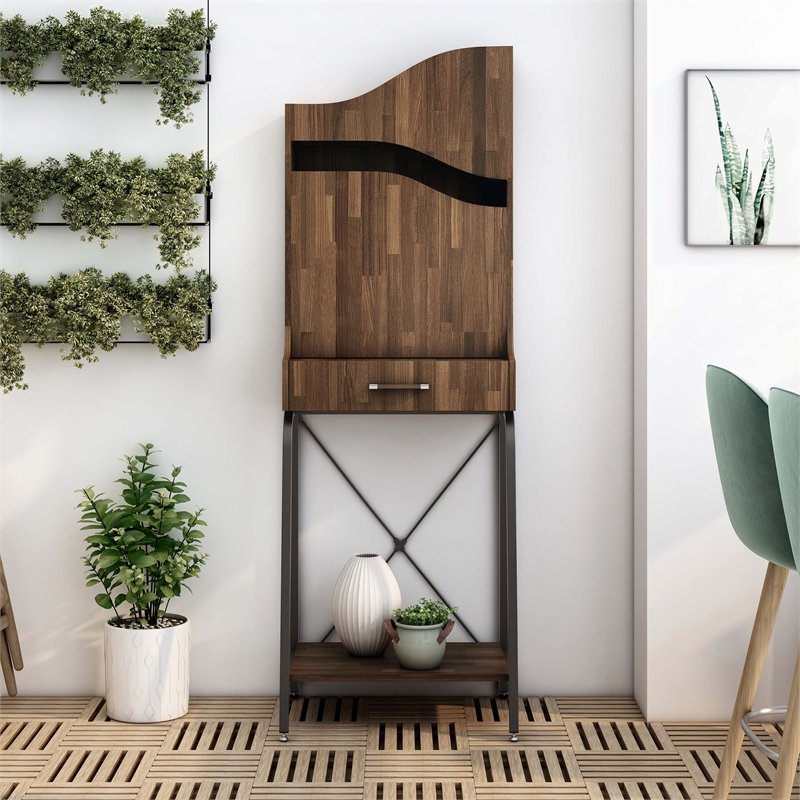 Bowery Hill Wood 2-Shelf Mini Bar in Light Hickory Brown with Drawer