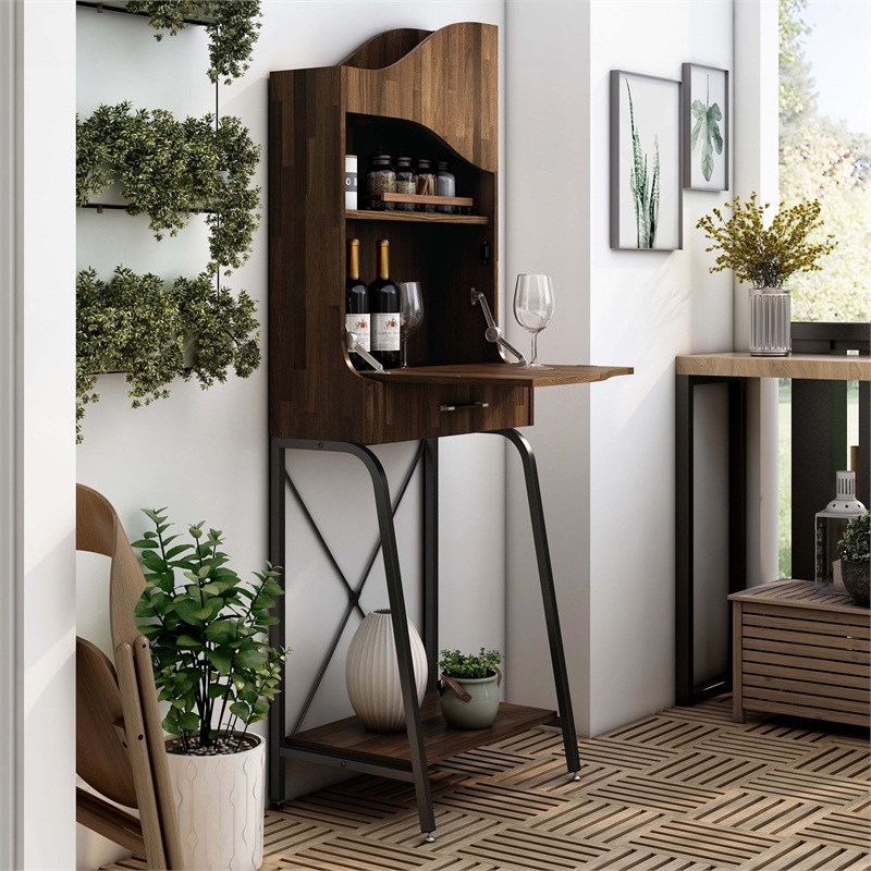 Bowery Hill Wood 2-Shelf Mini Bar in Light Hickory Brown with Drawer