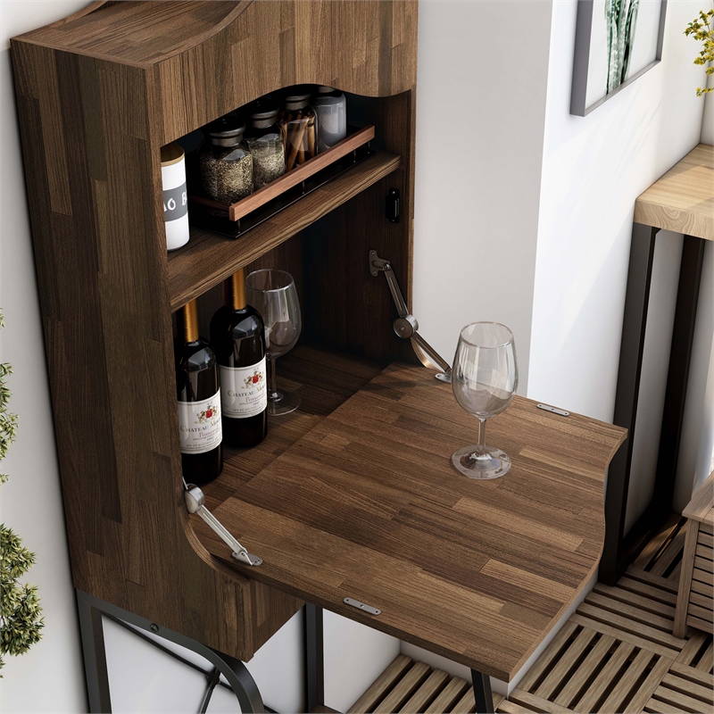 Bowery Hill Wood 2-Shelf Mini Bar in Light Hickory Brown with Drawer
