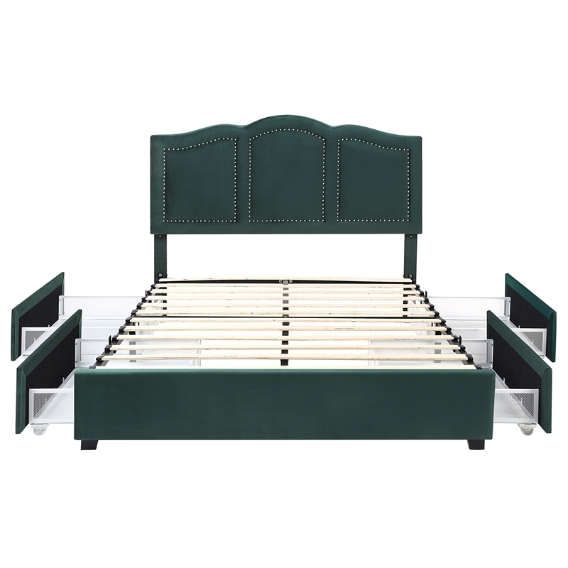 Bowery Hill Full Storage Bed with Drawers in Dark Green Upholstery