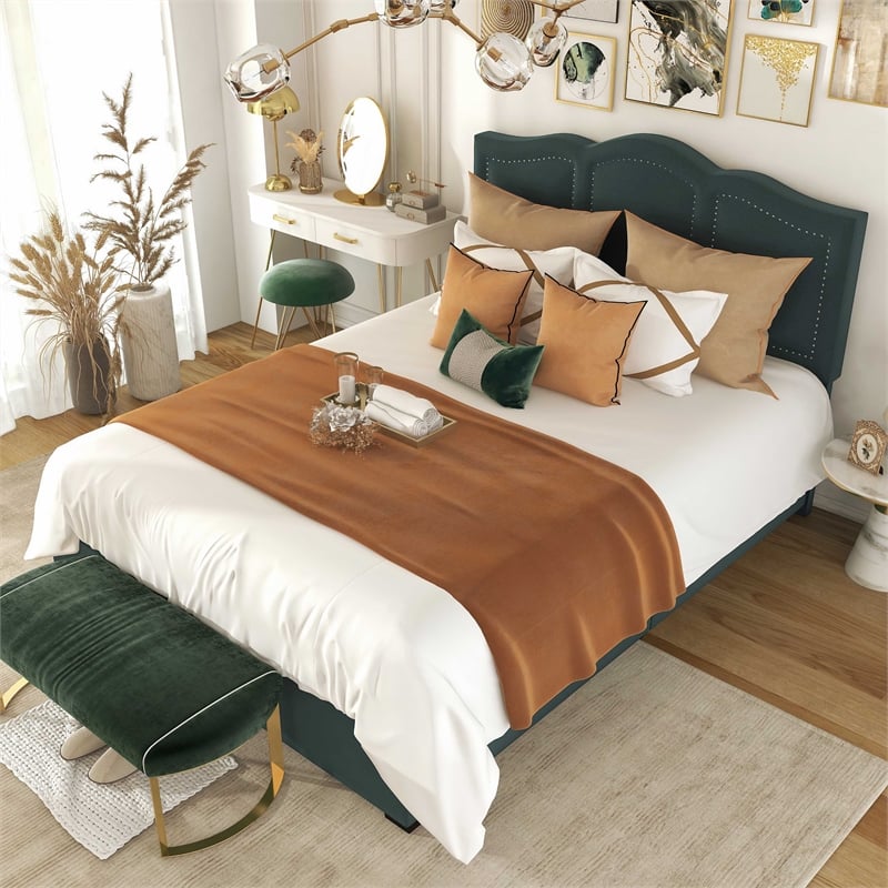 Bowery Hill Full Storage Bed with Drawers in Dark Green Upholstery