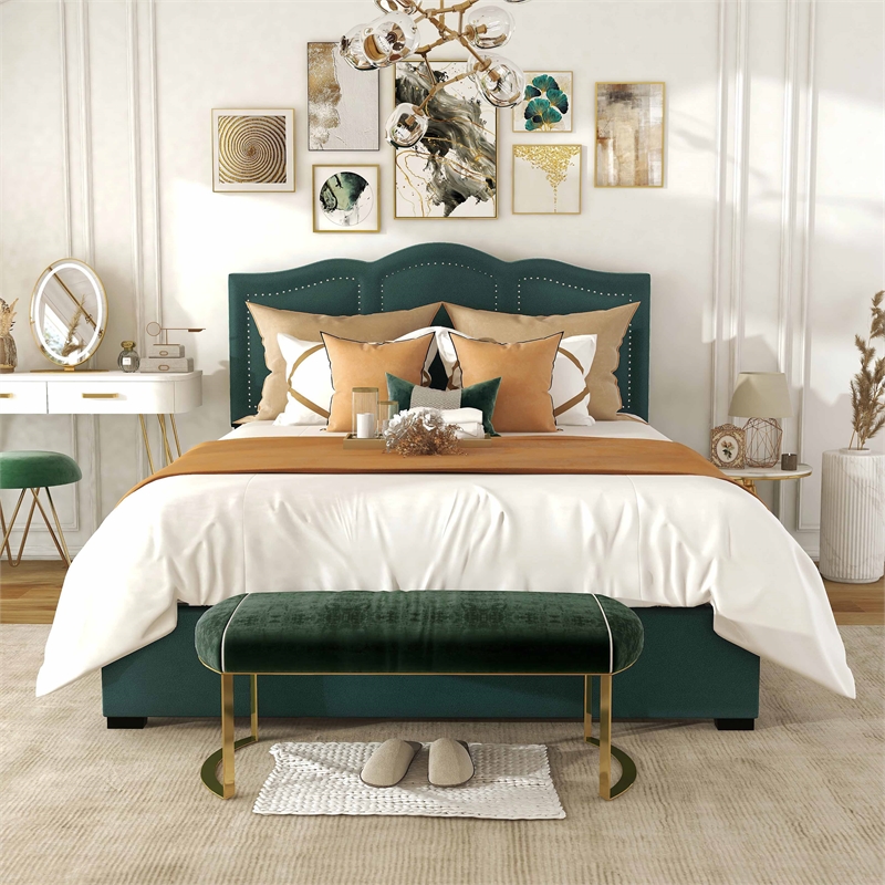 Bowery Hill Full Storage Bed with Drawers in Dark Green Upholstery