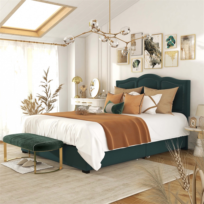 Bowery Hill Full Storage Bed with Drawers in Dark Green Upholstery