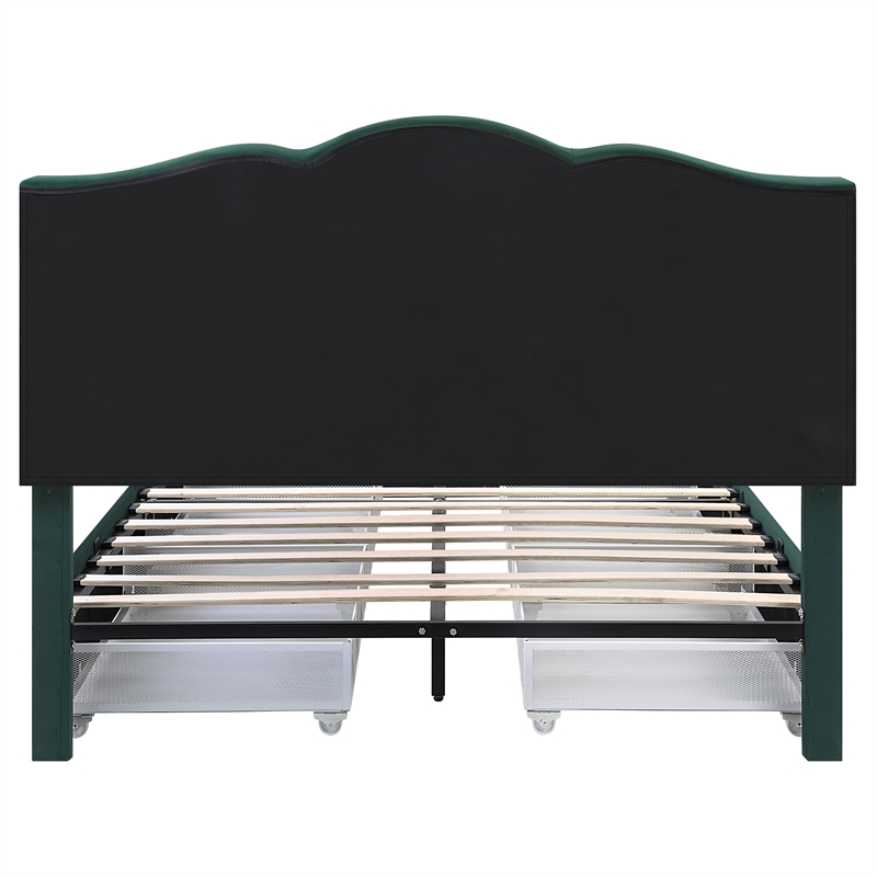 Bowery Hill Full Storage Bed with Drawers in Dark Green Upholstery