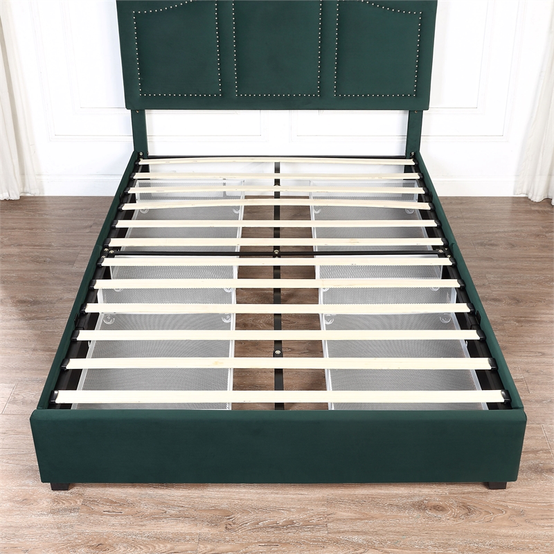 Bowery Hill Full Storage Bed with Drawers in Dark Green Upholstery