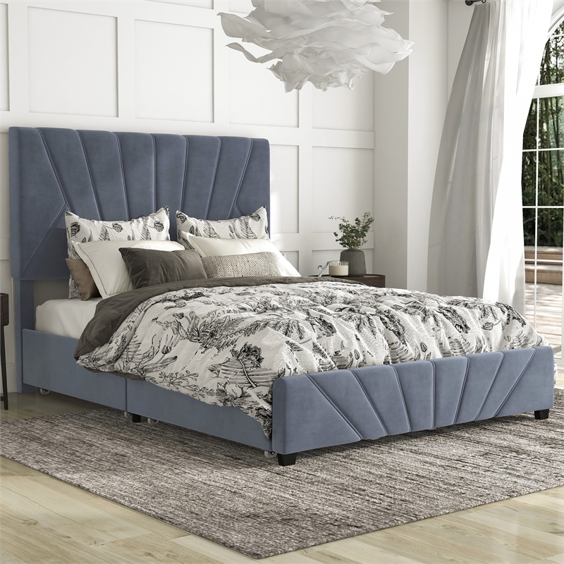 Bowery Hill Full Upholstered Bed with 4 Storage Drawers in Grey Fabric