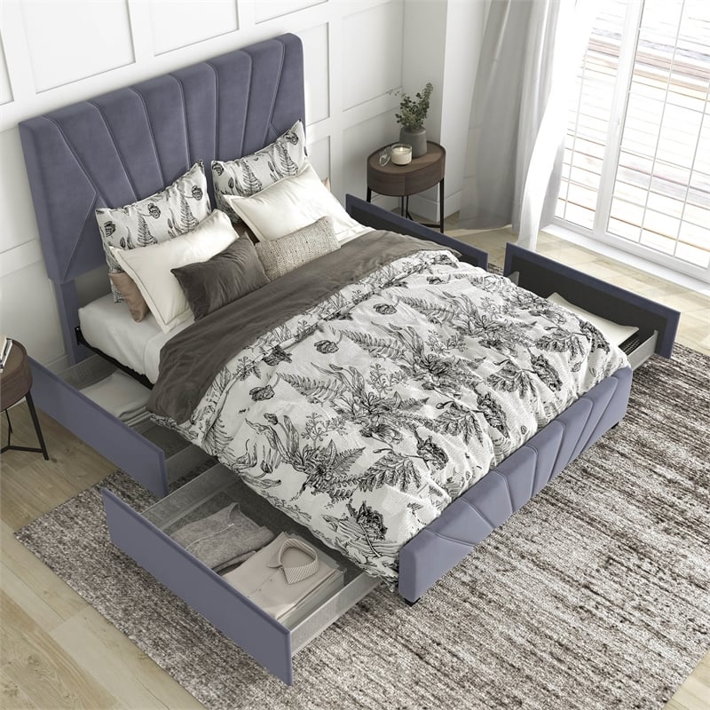 Bowery Hill Full Upholstered Bed with 4 Storage Drawers in Grey Fabric