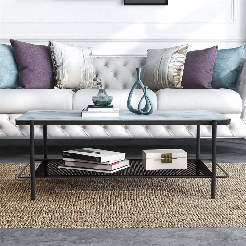 Bowery Hill Metal Coffee Table with Tempered Marble Glass Top in White