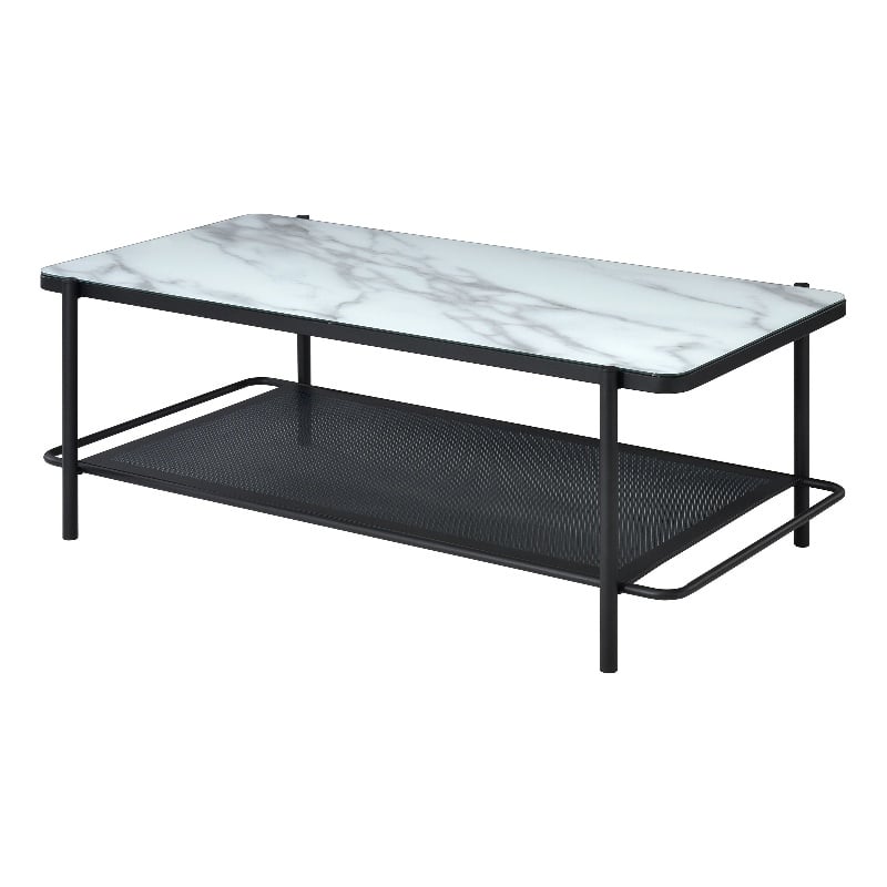 Bowery Hill Metal Coffee Table with Tempered Marble Glass Top in White