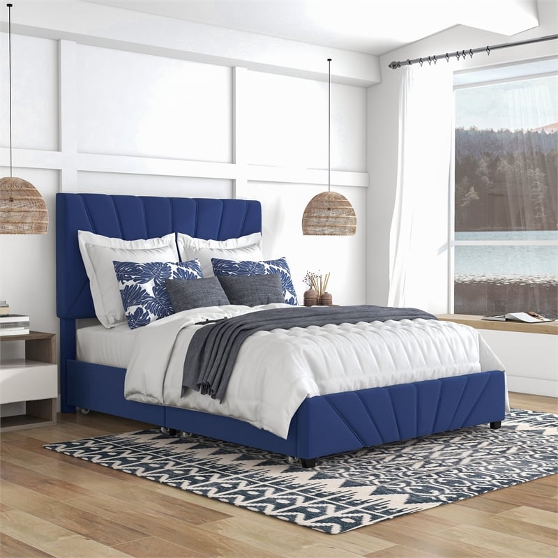 Bowery Hill Upholstered Queen Bed with 4-Drawer Storage in Navy