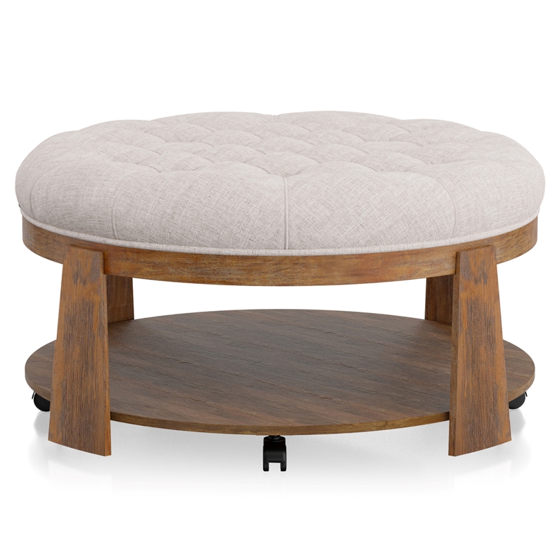 Bowery Hill Round Wood Coffee Table with Game Storage in Beige