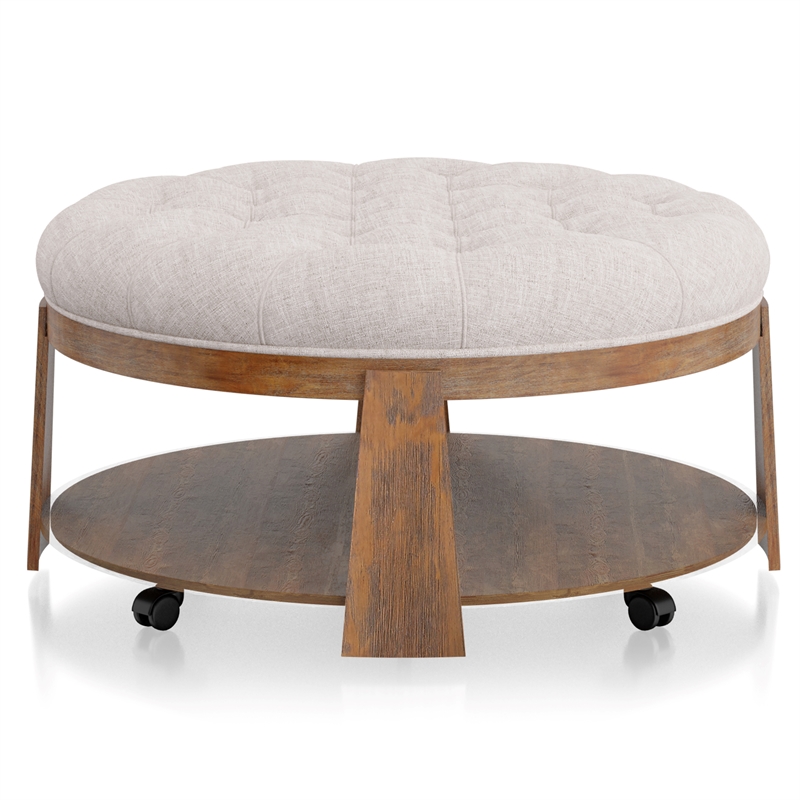Bowery Hill Round Wood Coffee Table with Game Storage in Beige