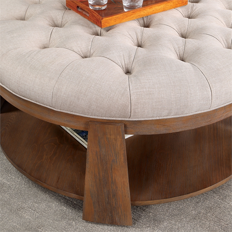 Bowery Hill Round Wood Coffee Table with Game Storage in Beige