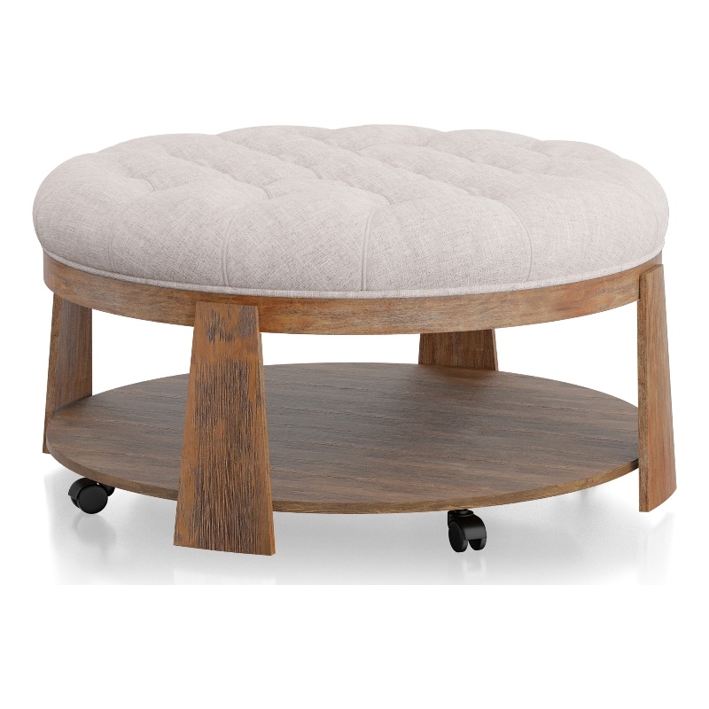 Bowery Hill Round Wood Coffee Table with Game Storage in Beige