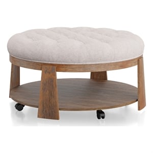 Bowery Hill Round Wood Coffee Table with Game Storage in Beige