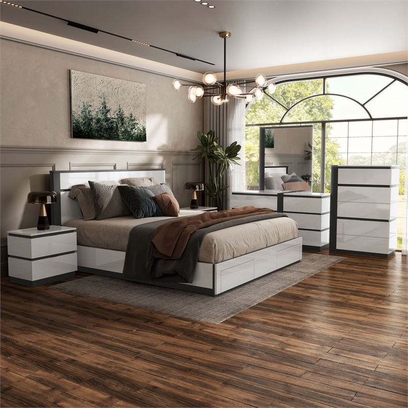 Bowery Hill 6-Piece White Wood King Bedroom Set with Storage