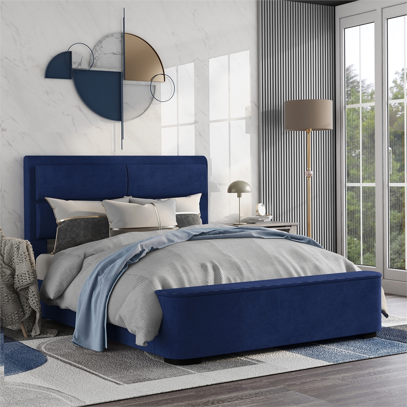 Bowery Hill Full Upholstered Bed with Hidden Storage in Navy Fabric