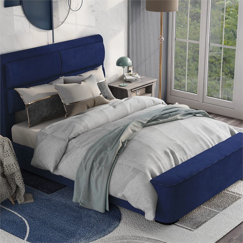 Bowery Hill Full Upholstered Bed with Hidden Storage in Navy Fabric