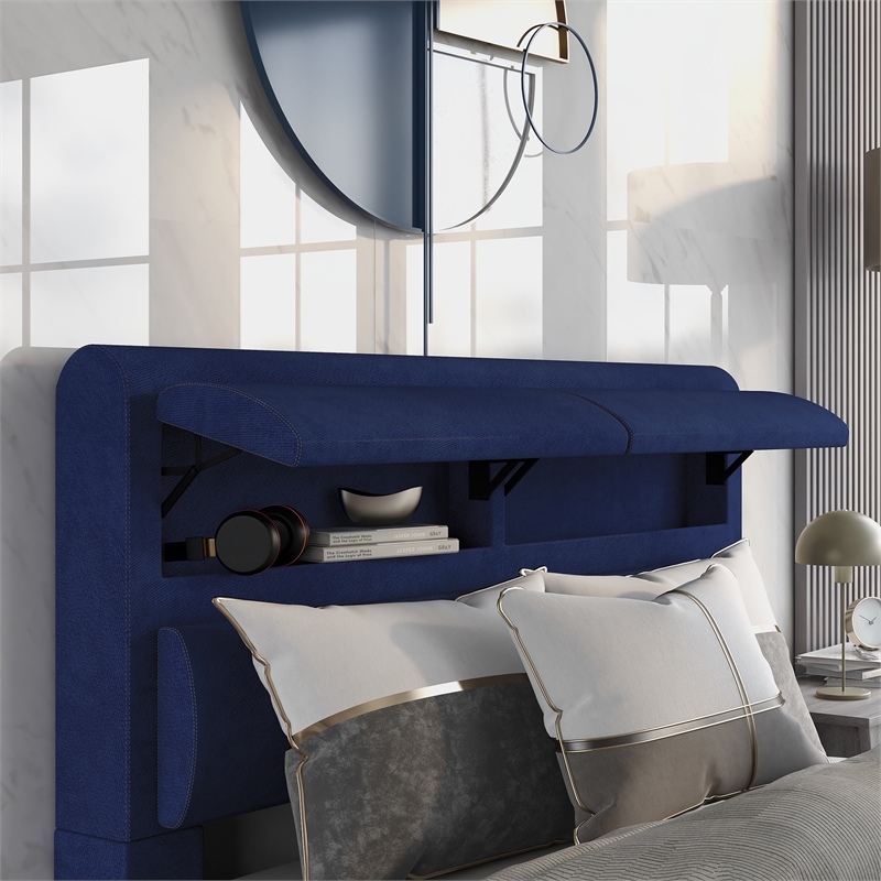 Bowery Hill Full Upholstered Bed with Hidden Storage in Navy Fabric