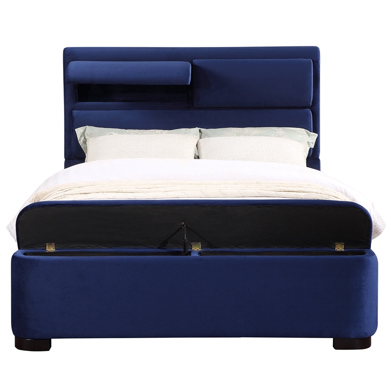 Bowery Hill Full Upholstered Bed with Hidden Storage in Navy Fabric