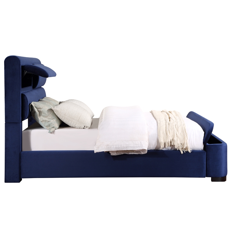 Bowery Hill Full Upholstered Bed with Hidden Storage in Navy Fabric