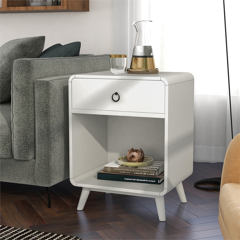 Bowery Hill Mid-Century 1-Drawer Wood Side Table in Antique White