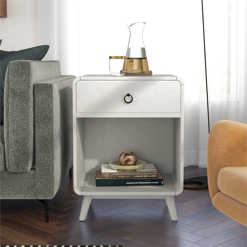 Bowery Hill Mid-Century 1-Drawer Wood Side Table in Antique White
