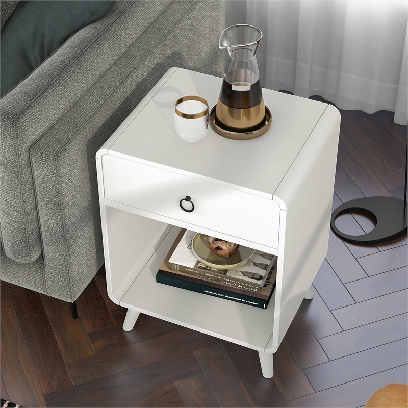 Bowery Hill Mid-Century 1-Drawer Wood Side Table in Antique White
